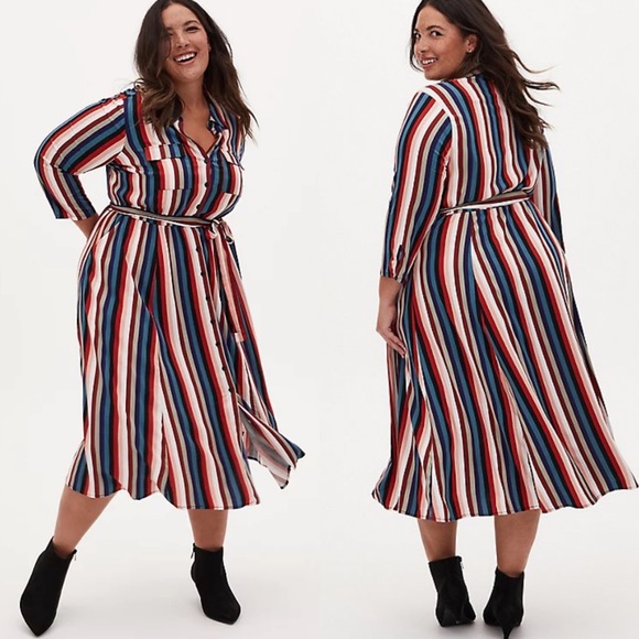 torrid Dresses & Skirts - Torrid | Multi Stripe Challis Midi Shirt Dress